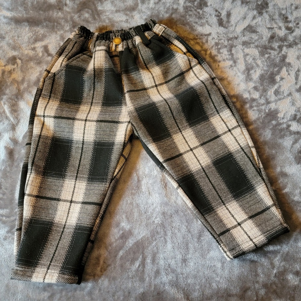 Chinese Plaid Fleece Lined Pants Kids 2T Black White Excellent Tapered Pant 836